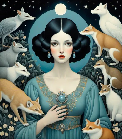 Prompt: She is a night girl with night animals style of Hayv Kahraman, Martine Johanna, Frieke Janssens, Aaron Jasinski, Genevieve Godbout, Morris Hirshfield, Robert Gillmor, Amy Giacomelli. Soft pearlercent colors, Extremely detailed, intricate, beautiful, 3d, high definition