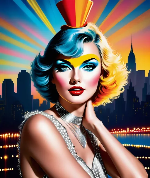 Prompt: makeup by artemis & photography. photo by lauren emery, in the style of pop art advertising, dazzling cityscapes, uhd image, solarization effect, sunrays shine upon it, 1980s, dotted, modern interpretation of Vaudeville 