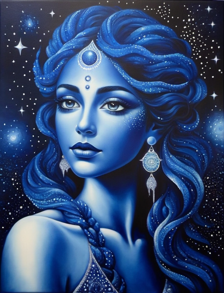 Prompt: indigo fantasy, astral, cosmic goddess , stippling, oil on canvas 
