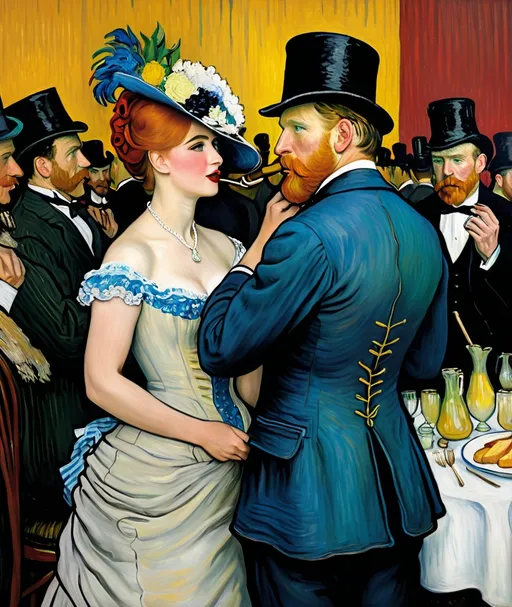 Prompt: renoir luncheon of the vaudeville night by van gogh 