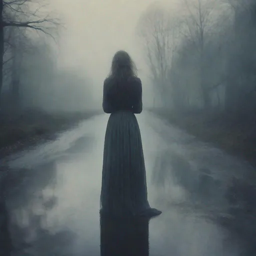 Prompt: The pretty dreamy heartbroken woman art by Nona Limmen, Angus McBean, Robert Ryman, Elger Esser. Foggy Empty street background, Cold colors pallet, rim lighting reflection, 3d, watercolors and ink, beautiful, fantastic view, extremely detailed, intricate, best quality, highest definition