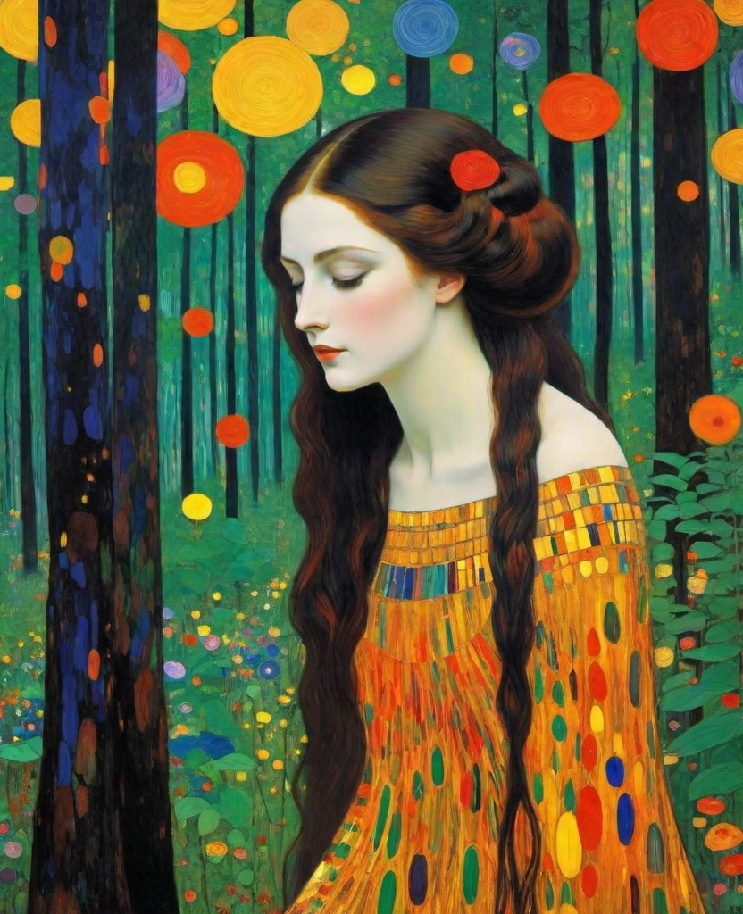 Prompt: The beautiful young lady, She comes in colors everywhere She combs her hair She's like a rainbow Coming, colors in the air Oh, everywhere She comes in colors, Gustav Klimt, Carboniferous Forest