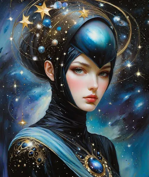 Prompt: Very beautiful Alien woman holding space debris and stars, Dorina Costras, Sandra Chevrier, Whimsical style, 