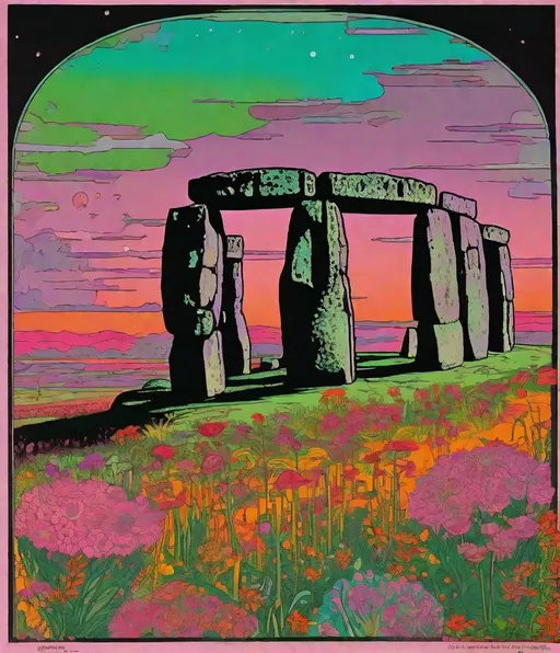 Prompt: Stonehenge , neon victorian, in a setting full of flowers, in the style of anime aesthetic, colorful moebius, stipple, pop art references, art brut influences, 1970’s woodblock, gwen frostic print, vintage, faded, pink orange green brown, children’s book illustration, nature poem illustration, photonegative refractograph, retrofuturism, steampunk synthwave