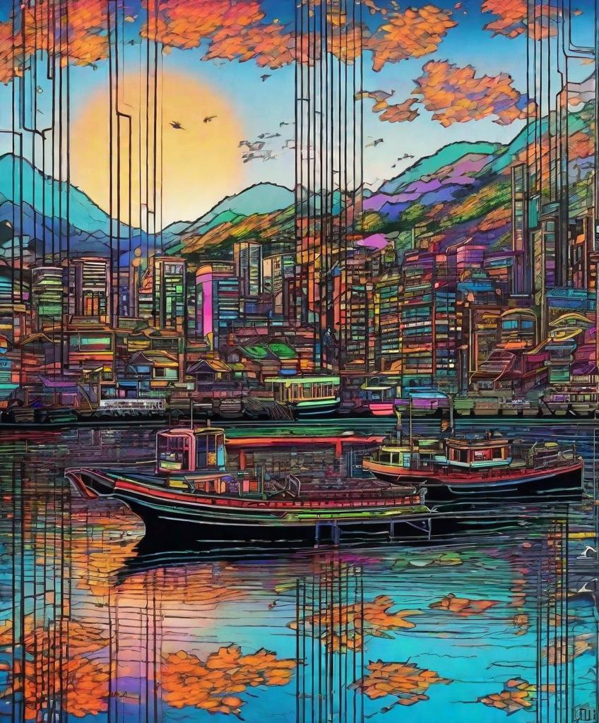 Prompt: beautiful and masterpiece posca pen and ink oultine of an seoul, harbour with a photonegative refractograph portal, the portal has coloured magic dust moving around it in fluid motion, cinematic and atmospheric in the style of an american manga 