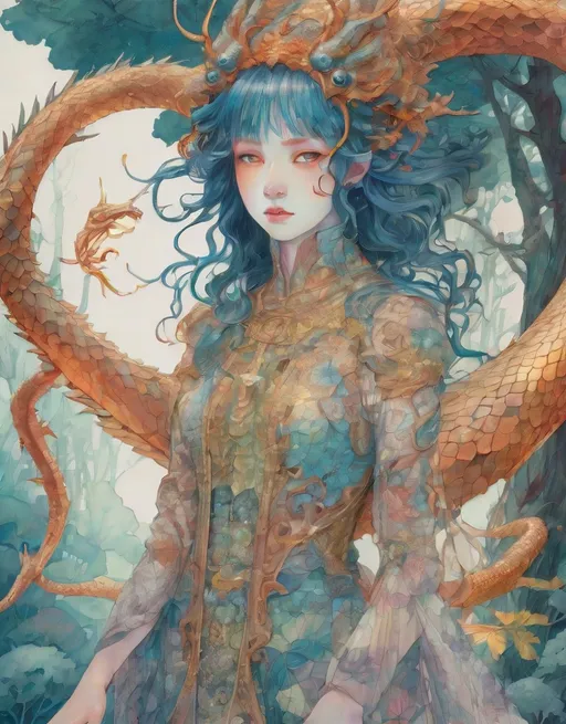 Prompt: the cheshire princess has found her joy: she has a mythical dragon protector. Whimsical Forest background. Android Jones, James Jean, takato yamamoto, Arthur Rackham. watercolor, volumetric lighting, maximalist, concept art, intricately detailed, elegant, expansive, 32k, fantastical, golden ratio principles, haunted, glass sculpture, honeycomb patterns, art by makoto shinkai, conrad roset. 3d, iridescent watercolors ink, polished finish, gradient chrome colors.