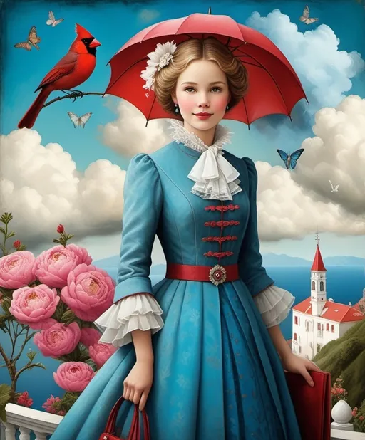 Prompt: Charming cute Curious Carol, charismatic girl of compassionate consciousness Celestine city, chasing clouds, cardinal and Capri blue and cerise classy clothes, art style by Laura Callaghan, Petah Coyne, Dave Coverly, catrin welz-stein, Catherine Holman, Bill Carman