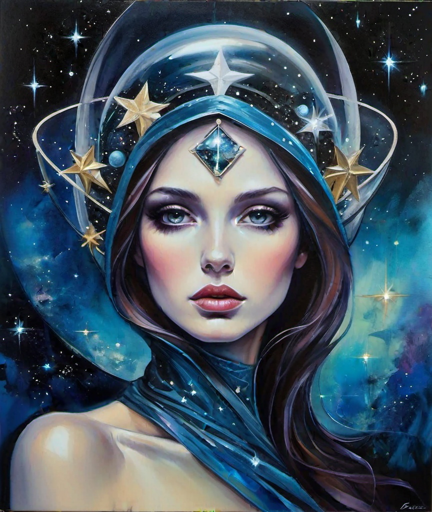 Prompt: Very beautiful Alien woman holding space debris and stars, Dorina Costras, Sandra Chevrier, Whimsical style, 