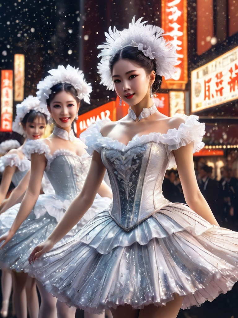 Prompt: cancan dancers at broadway in 1830, portrait, sparkle and glittery style, spot light, delicate costumes, ultra high definition, anime style by Inoue Takehiko. Extremely detailed, 3d