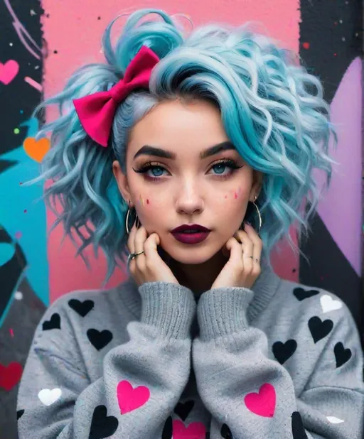 Prompt: A gothpunk girl character with a whimsical design, art by Brandon Woelfel, Petra Collins, artgerm, Miles Aldridge, featuring a collage of doodle art elements like hearts, swirls, and abstract shapes. She has textured, grayish-blue hair, adorned with small glowing spiky. The character's skin is fair with doll-like features, including freckles and a small heart under one eye, and she's wearing heavy, knitted gray sweater. Her hands are raised to her cheeks in a framing pose, with a backdrop of expressive street art including spray-paint splatters and sketches in black, white, pink, and blue tones