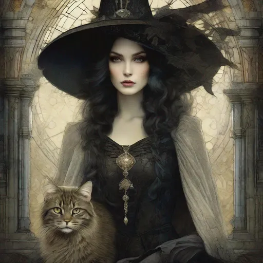 Prompt: A beautifull gothic witch and her fluffy bicolor magical cat art style by Masaaki Sasamoto, Philip Treacy, Eduard Veith, William Wray,  Christian Schloe, endre penovac, catrin welz Stein, Mondrian, James jean. High quality, highly detailed, intricate details.dynamic lighting award winning fantastic view ultra detailed high definition hdr focused glow shimmer