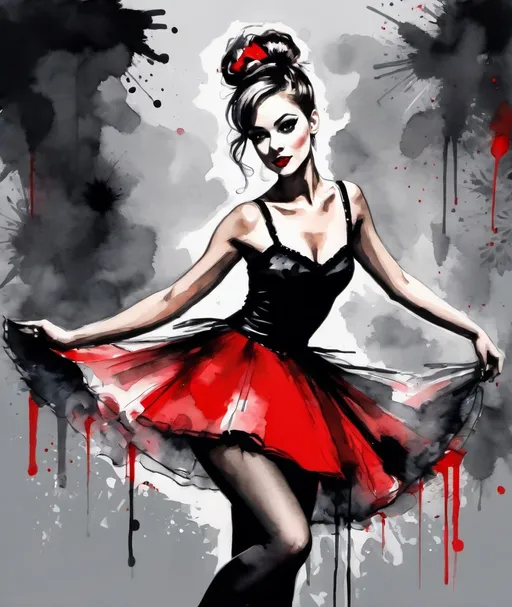 Prompt: a beatnik ska trash polka young lady ballerina, flirting, watercolores, black, gray, white and red, with big attitude, on vaudeville stage