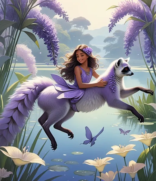 Prompt: Luna, a luminous girl with lustrous locks, lounges lazily atop a lagoon, while a leaping lemur, adorned with lavender leaves, leaps lithely beside her, amidst lilting lilies and lavender mist, art by Lucia Rafanelli, Pablo Lobato, Tom Lovell, Lieke Van der Vorst, Linda Ravenscroft