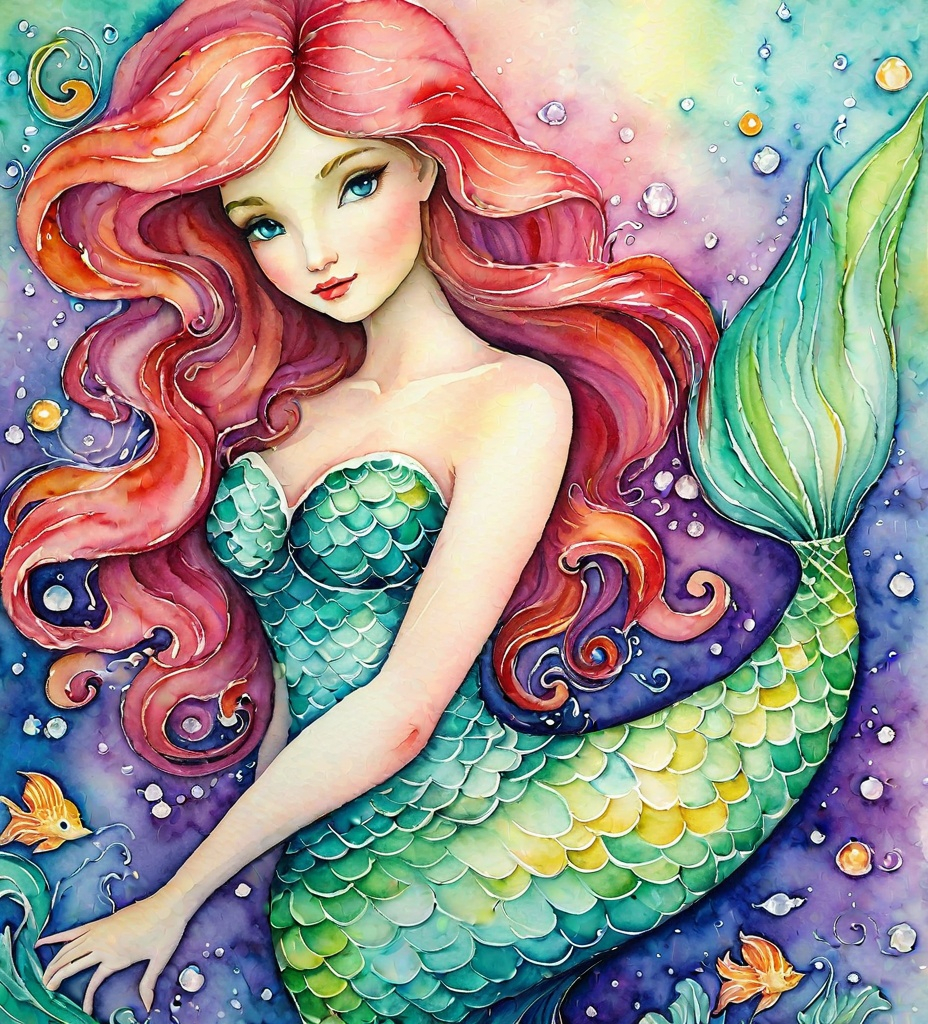 Prompt: calypso mermaid, whimsical watercolors, impasto, 