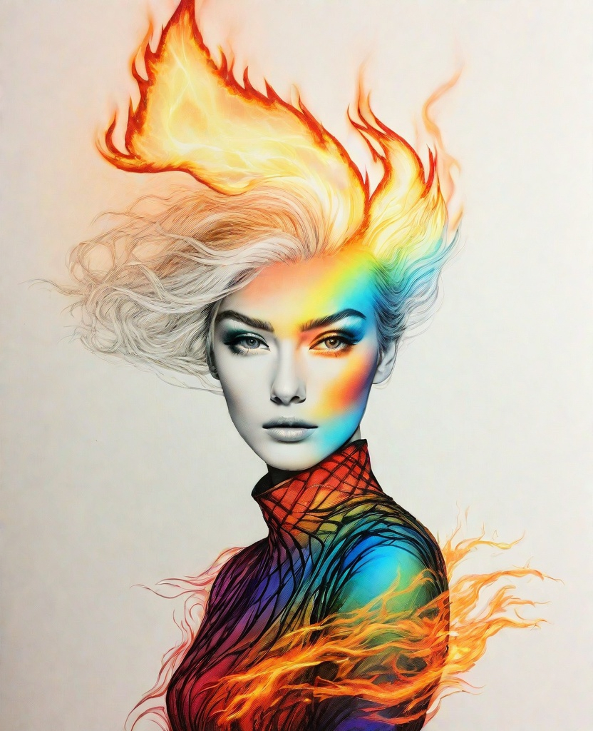 Prompt: She is a bifrost fashion design sketch pareidolia photograph on fire. 