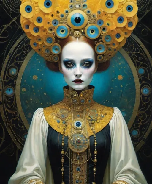 Prompt: Art by Klimt, Chris Leib, Daniel Merriam, Grant Morrison, Mothmeister, she is almost passable as human, Why don't you take off your human costume, girl?, macabre horrific, highly detailed , rich in colors 