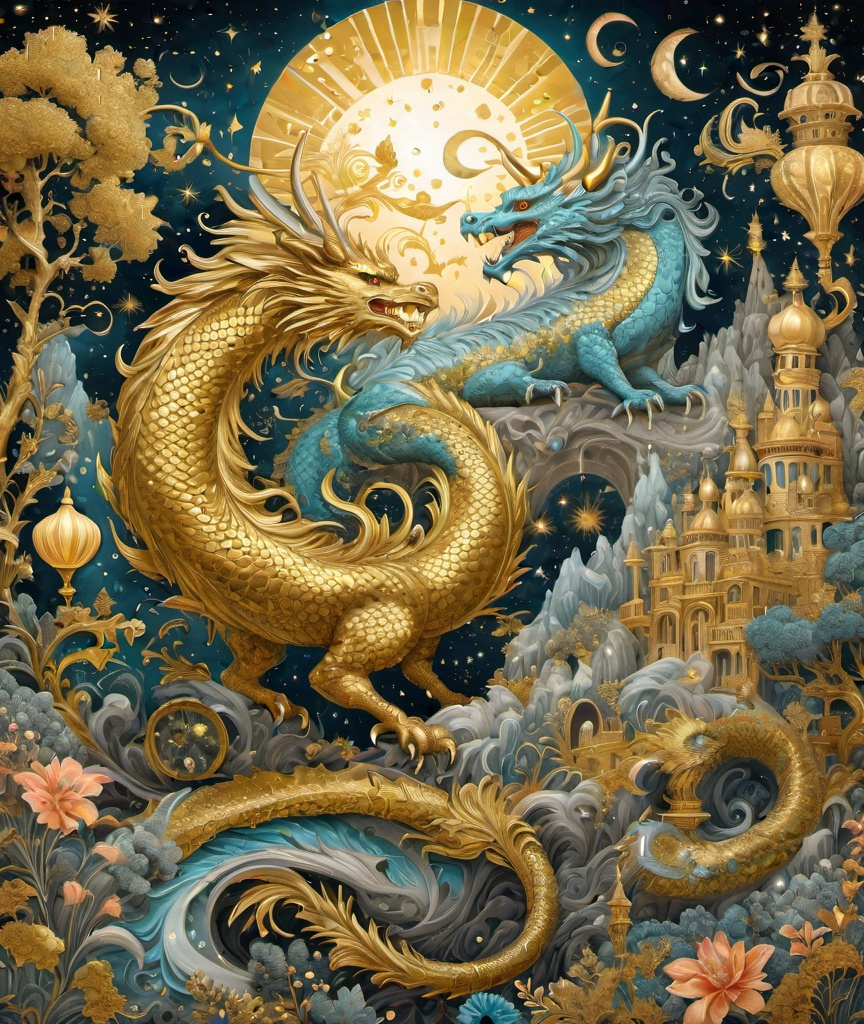 Prompt: golden hypermaximalism pencil illustration, biobentology, celestial and ethereal manifestation of rococo fantastical ephemeral chaotic dreams and fantastical dragon creatures in a terragenaic landscape, gold leaf everything 