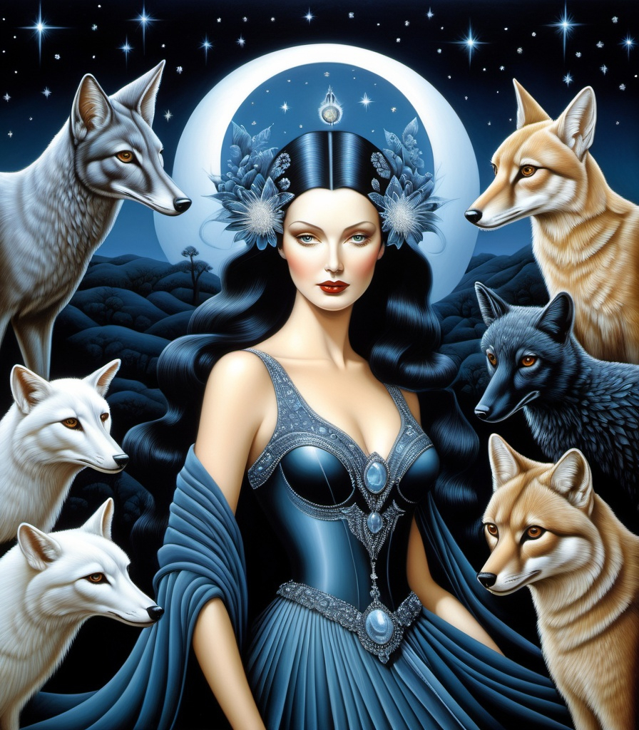 Prompt: She is a night woman surrounded by night animals style of Octavio Ocampo, Bob Mackie, Frieke Janssens, Aaron Jasinski, Genevieve Godbout, Morris Hirshfield, Robert Gillmor, Amy Giacomelli. Soft pearlercent colors, Extremely detailed, intricate, beautiful, 3d, high definition