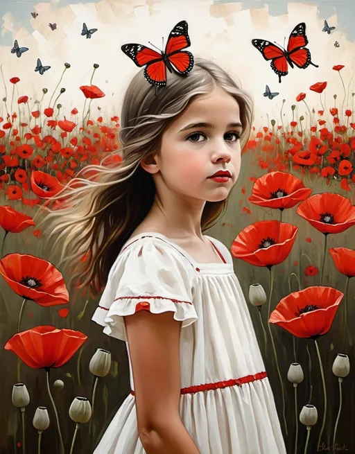 Prompt: Thick palette knife drawing, art by Beth Conklin: a pretty young girl and the butterflies sitting through the poppies. Tall red poppies touching her face, the butterflies flying around her head. large brush strokes, oil painting, she is wearing a white dress.