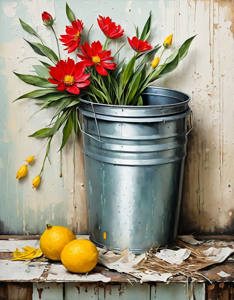 Prompt: Oil painting by Mandy Disher, trash polka, stencil, texture, abstract, heavy impasto