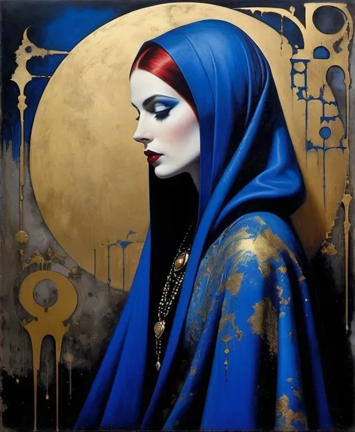 Prompt: (Michael Creese, Todd James, catrin welz-stein, Yves Klein, Edmund Dulac, graffiti gothic grimdark horror)) she is beautiful, she is the one with infinity lives, having to endure eternity lonely, sorrow, lost, consuming her soul, filling her heart with melancholy.
