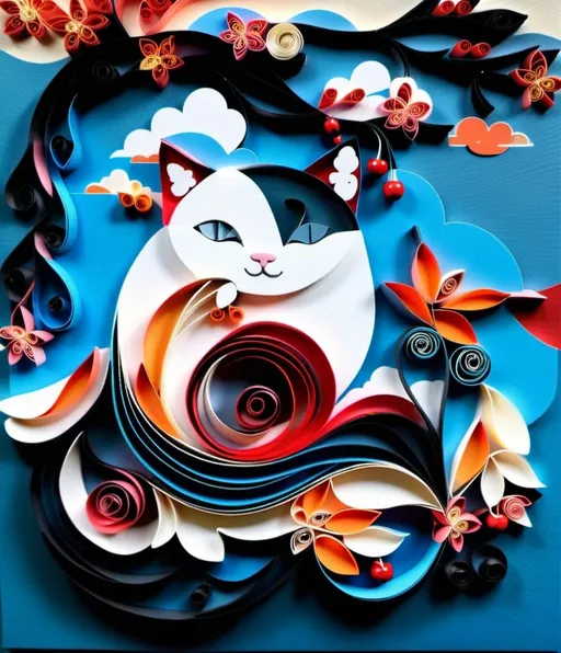 Prompt: symphonic, Artwork inspired by Shepard Fairey, paper quilling, a cloud is floating in the air, there's a cat comfortably sleeping on the cloud, the backdrop is fully bloomed cherry blossoms, intricate detail, epic, romantic