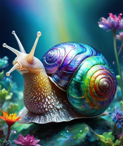 Prompt: A beautiful iridescent snail kingdom queen, glistening rainbow, iridescent shells, beautiful face, shimmering, dazzling, caia Koopman, Hiro isono, Van Gogh, endre penovac, catrin welz-stein, Jean Baptiste monge, Gerhard Richter, sascalia, Amy sol. Watercolor impasto, Highly detailed, intricate, crossed colors, beautiful, high definition, fantastic view. 3d, iridescent Watercolors and Ink, intricate details, volumetric lighting 