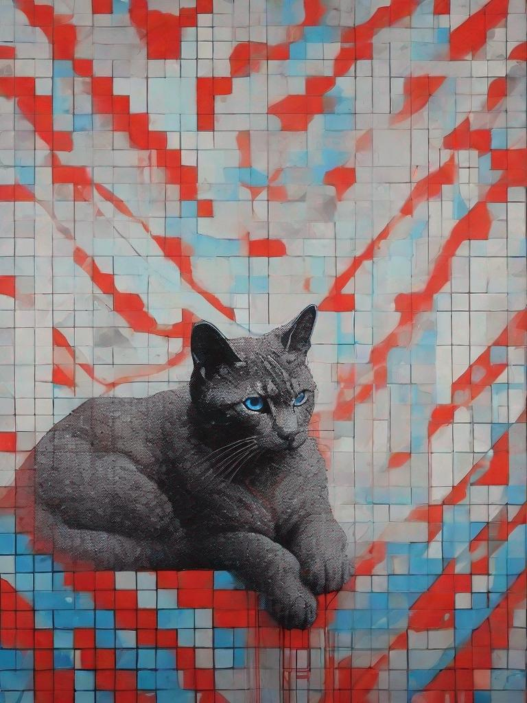 Prompt: **painting of a cat alone, brutalist liminal space, geometric infinity of redbluegrey linedots, iridescentwallswipe:: depth::