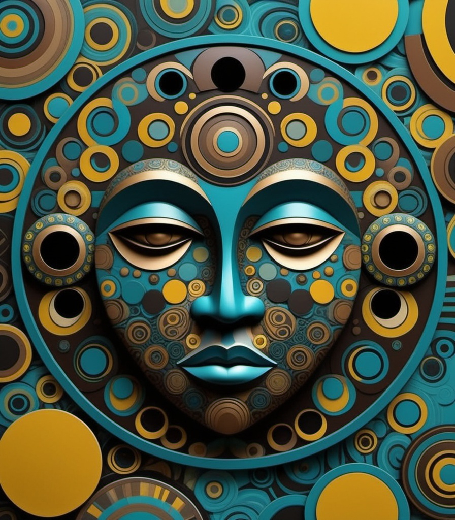 Prompt: color pattern circles shaped head vector, in the style of fanciful visionary, illusionary composition, multicultural, sculpted multi-dimensional graffiti collage, blue brown bronze yellow muted green black 