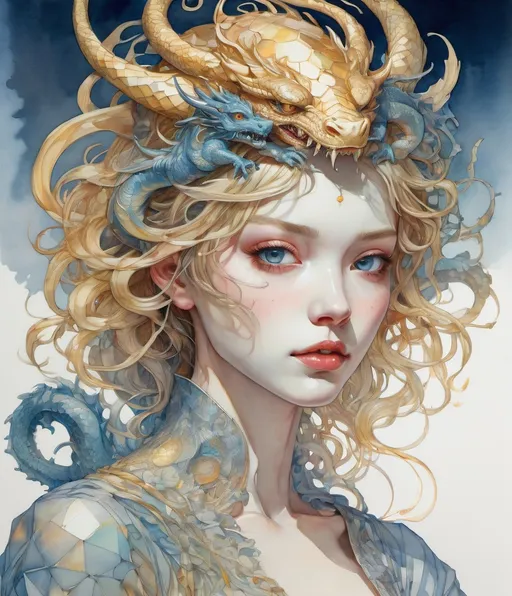 Prompt: the cheshire princess has found her joy: she has a mythical dragon protector. Android Jones, James Jean, takato yamamoto, Arthur Rackham. watercolor, volumetric lighting, maximalist, concept art, intricately detailed, elegant, expansive, 32k, fantastical, golden ratio principles, haunted, glass sculpture, honeycomb patterns, art by makoto shinkai, conrad roset. 3d, iridescent watercolors ink, polished finish, gradient chrome colors.
