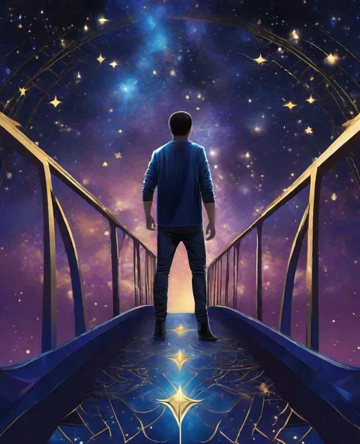 Prompt: imagine an artistic representation of a person standing on the Bifrost bridge, extending into a cosmic odyssey. The bridge adorned with intricate patterns, leading to a starlit sky. The person, wearing earthly tones, gazes up in awe. Colors: Deep blues, purples for the night sky, accented with gold and silver stars. Style: Blend realism and surrealism, using intricate linework for the bridge, and a more detailed style for the person, capturing the magical essence of their journey 