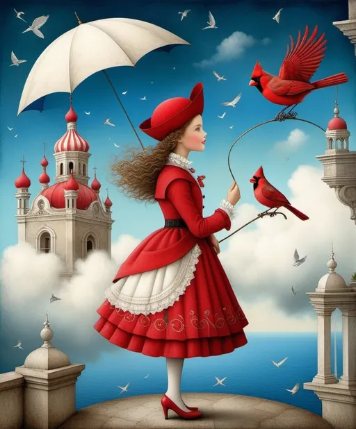 Prompt: Charming cute Curious Carol, charismatic girl of compassionate consciousness Celestine city, chasing clouds, cardinal and Capri blue and cerise classy clothes, art style by Petah Coyne, Dave Coverly, catrin welz-stein, Catherine Holman, Bill Carman