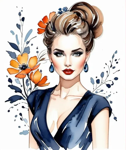 Prompt: Style of Ann Telnaes, a cool kooky girl, updo hair, in a fashion shoot pose, watercolors inking sketch, beautiful, detailed, floral background.