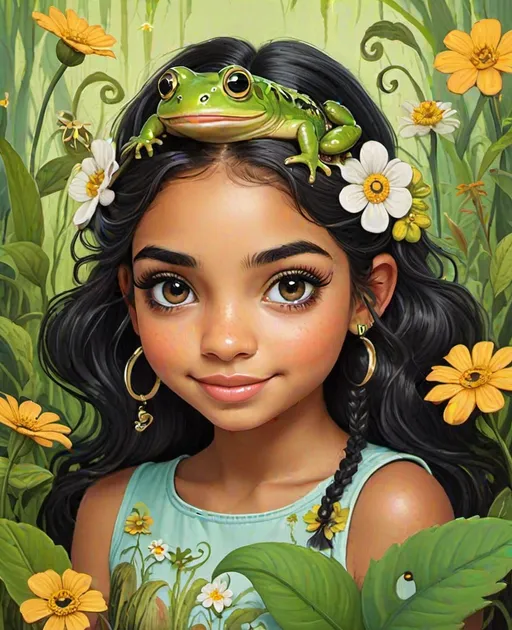 Prompt: happy cute sassy latino teenage swamp girl with extra large amphibian eyes and long eyelashes, with swamp flowers and worms for hair by Alice and Olivia