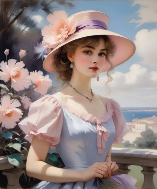 Prompt: Style of Alice Pike Barney, Paul Cesar Helleu, Paul Kenton, George Petty, Pierre-Jacques Pelletier; Perched upon a petite pedestal, Patricia, a precious girl with platinum curls peers into a picturesque portrait painted in pastel hues. Pink petals pirouette in the breeze, punctuating the landscape with a playful charm. A prancing peacock, plumage resplendent in shades of periwinkle and plum, prances beside her, a paragon of grace. Puffs of peach-colored clouds pirouette overhead, casting a peaceful glow upon the whimsical scene.