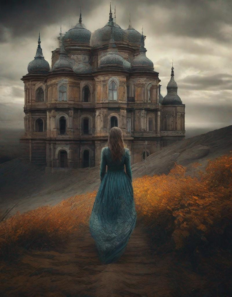 Prompt: This lonely beautiful lady, She remains an intricate tapestry of unanswered questions and tantalizing mysteries art by Daria Endresen, Lalla Essaydi, Stefan Gesell, Elger Esser, Rimel Neffati. Warm tone pallet colors, 3d, watercolors and ink, beautiful, fantastic view, extremely detailed, intricate, best quality, highest definition