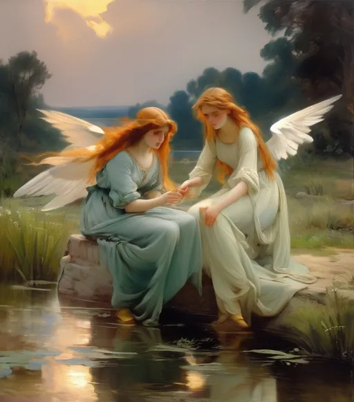 Prompt: beautiful mythological sprites wading in a pond, beautiful long hair and angelic faces, armageddon in background, Oil Painting in the style of Jean-François Millet, figurative fine-art by Daniel F Gerhartz Hans Zatzka's, early 20th century, neoclassical, by John William Waterhouse Chauncey Bradley Ives's 
19th century, 16k, ultra high quality 00 -