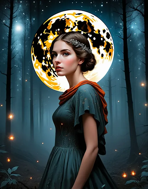 Prompt: Beautiful fire moonlight forest girl , style by Beth Conklin, Aleksi Briclot, surreal dream. Extremely detailed, intricate, beautiful, high definition 