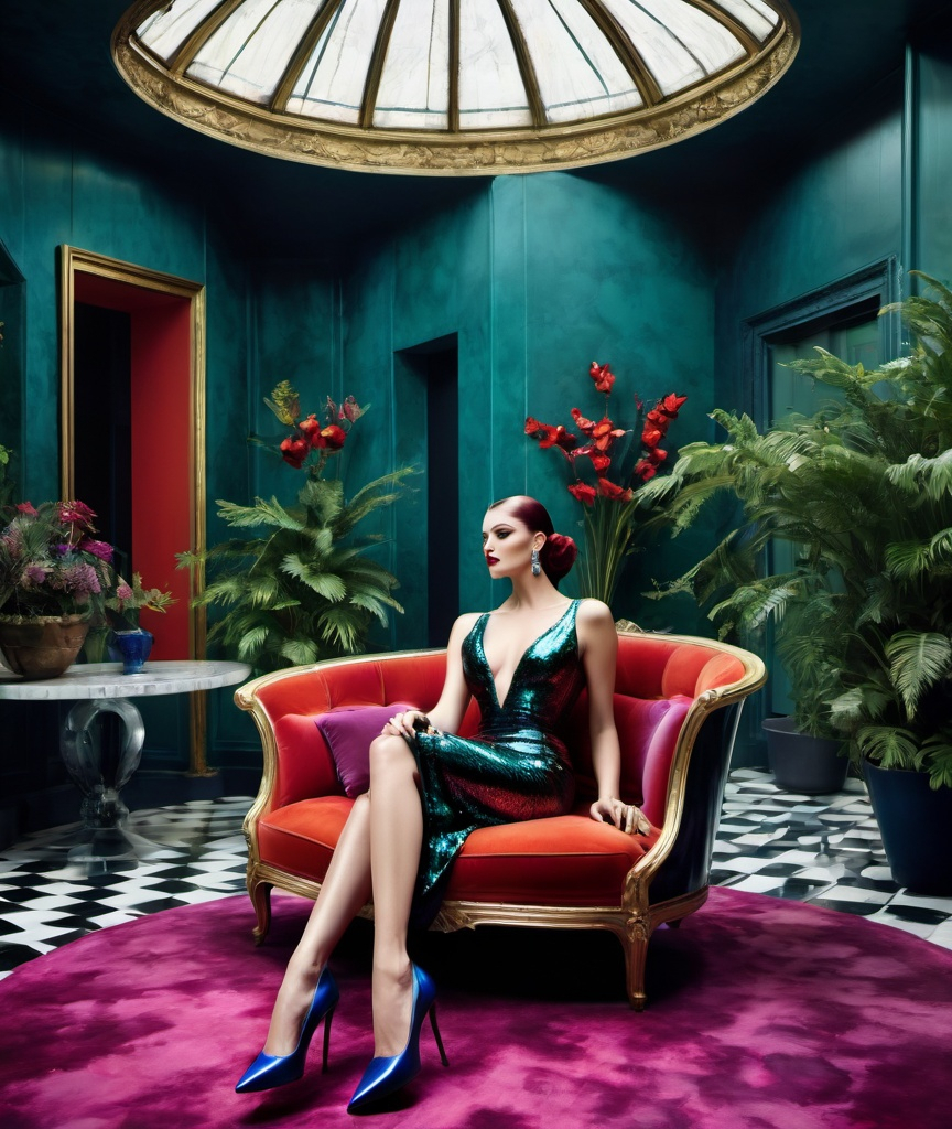 Prompt: dappled sun, shiny polished terrazzo floor, a glamorous butler in a shiny latex evening gown sitting on a colorful sofa in a stylishly decorated conservatory in Paris. She's wearing striking high heels and exudes a confident vibe. vaudeville gold gilded details I feel (I feel) indigo rose the lavender haze creepin' up on me , shimmering, photography by annie leibovitz, Ori Gherst,Animorphia - Kerby Rosanes, James christensen , 16K HD, sharp focus, attention to details Christmas A surreal modern Parisian living room, depicted in oil on canvas by slim aarons , bruce weber , lempicka Jules Bastien-Lepage, Swoon, now infused with metaphorical chicken glitch art. The room, filled with houseplants and deep-teal, dark-crimson colors, portrays an overcast Parisian atmosphere with nature details, disrupted by digital elements and abstract shapes. 1209 1212a constructivist glitch art fashion editorial Helmut newton, SLim aarons, appalachian vaporwave paris shimmering, masterpiece human bodies intertwined in a brutalist liminal space temple , in style of slim aarons, h.r. giger, escher