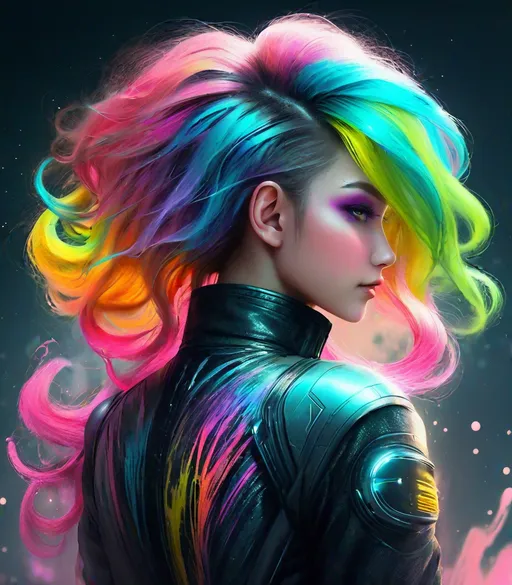 Prompt: colored chalk graffiti hairstyle extreme, full length portrait, futuristic and fantastic and extreme detail 