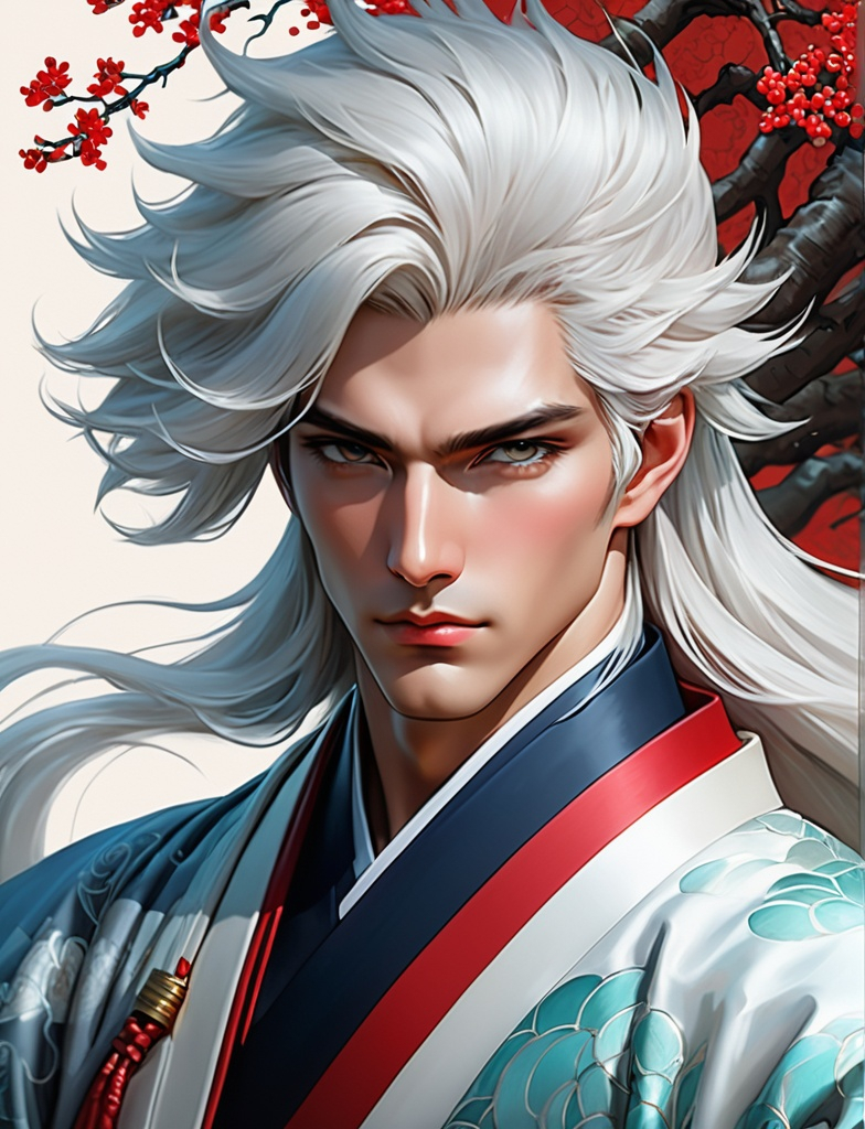 Prompt: sesshoumaru as a realistic very handsome person, Art by josef kote, Tom Bagshaw, Vincent Van Gogh, Luis Ricardo Falero, artgerm , Katsushika Hokusai, artstation's huang guangjian, gil elvgren , catrin welz-stein, tom bagshaw, sachin teng, Viktoria Gavrilenko. Iridescent glow, 3d. Photorealistic, 3d, extremely detailed