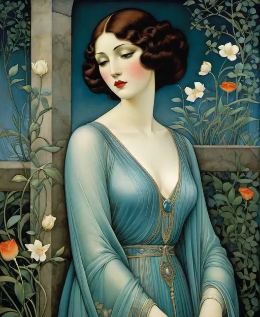 Prompt: She lingers, a sad specter in a shallow world, such a beautiful solitary figure, whose soul has grown to turn cruel and unkind, existence, a burden she cannot bear anymore, Mark Brooks, Gerda Wegener, Margaret Macdonald Mackintosh, Didier Lourenco, Malcolm Liepke, James Rizzi