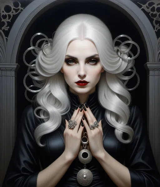 Prompt: A vampire woman. White hair. Metallic Silver shining eyes. Black nails. Dark gothic room. Forensic. Rings on her anatomically correct fingers.  Chiaroscuro, Anthotype print. Amy Judd, Agostino Arrivabene, Peter Kemp, Esao Andrews. Oil painting. opart moire.