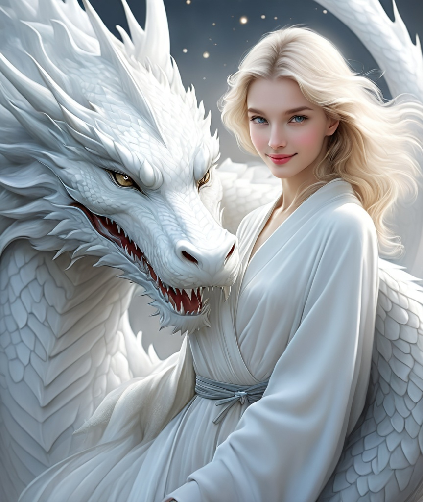 Prompt: Style of Sophie Delaporte, Judith Desrosiers: full body shot, white dragon's body wrapped around the woman, a friendly, smiling scene, A white dragon with gentle, lovely eyes and a young woman in her early twenties, she has sparkling smile, 