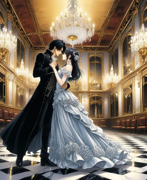 Prompt: Bell dances with cursed prince at a ball room decoating with a crystal chandelier, and marble floor like a mirror, reflecting their dancing poses and real identification: a beautiful girl and a handsome cursed price charming, ethereal, gothic style of backdrops, anime by inoue takehiko 