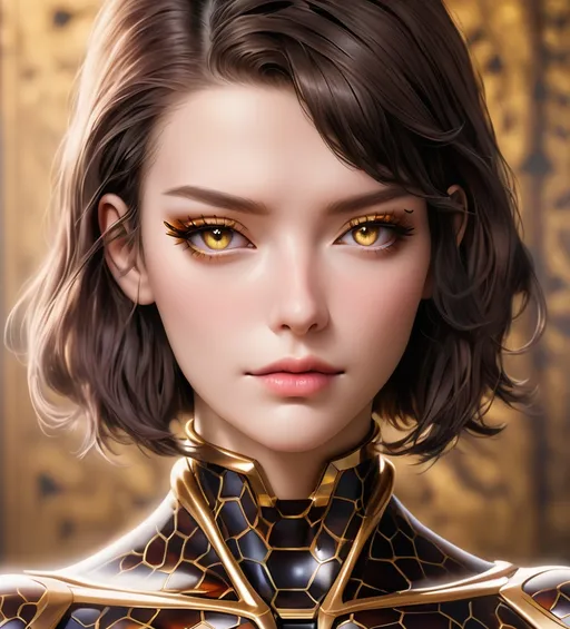 Prompt: Portrait photograph of a beautiful female android, cinematic in style, Tortoiseshell pattern skin, laser etched gilt eyebrows and lashes