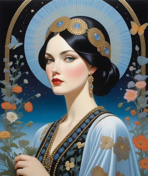 Prompt: She is more than what she became, she desires to seek something beyond  this wasteful life of duty, don't be afraid, fulfill your potential of good and beauty, Jocelyn Hobbie, Bela Kadar, Fred Tomaselli, Michael Hutter, Anna Sui, Howard Arkley, Morris Hirshfield, John Anster Fitzgerald