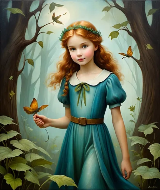 Prompt: a textured oil painting vintage magical of grow up version of Peter pan's Wendy Darling. Style by Anne Dewailly, Rie Cramer, Angela Barret, whimsical, muted, and moody.