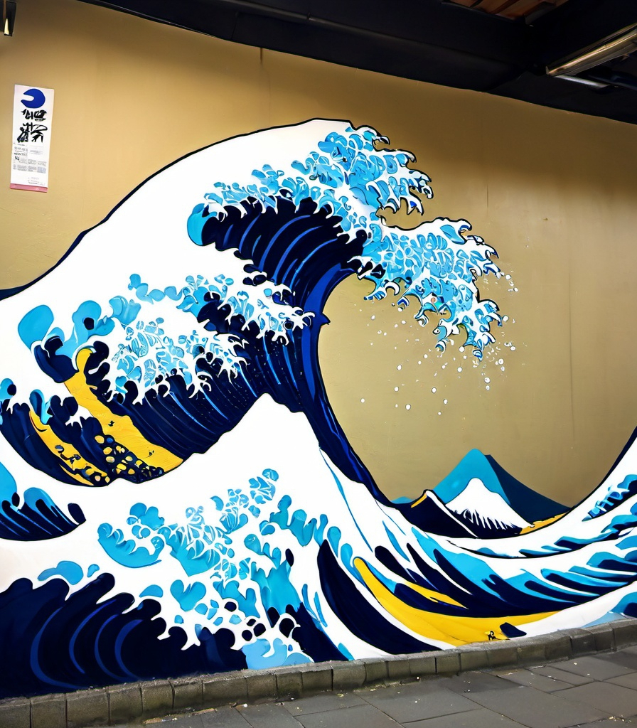 Prompt: giant Hokusai wave graffiti overflowing the walls becoming real water