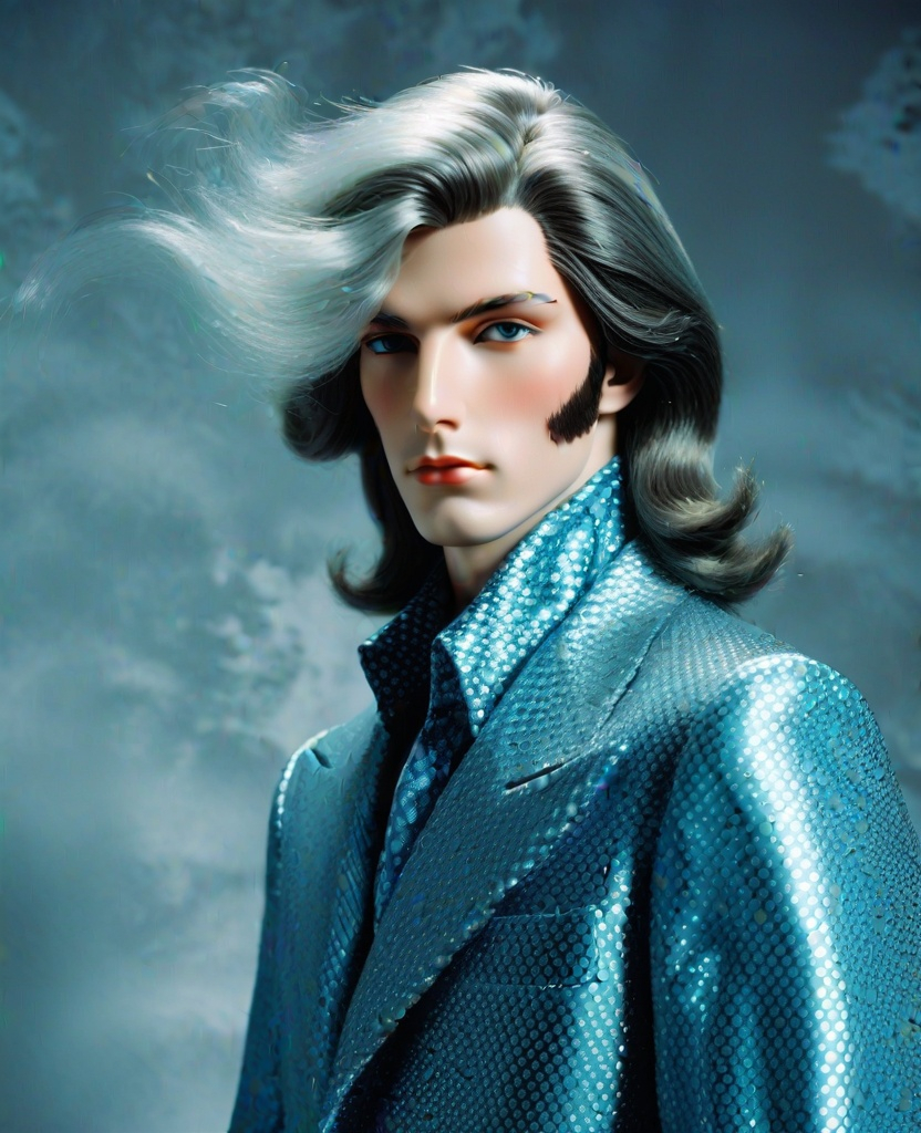 Prompt: maximalist Will-o'-the-wisp bifrosted prince of the fornasetti heaven, by laurie simmons, minimal male figure in huge 1970s hairstyle 